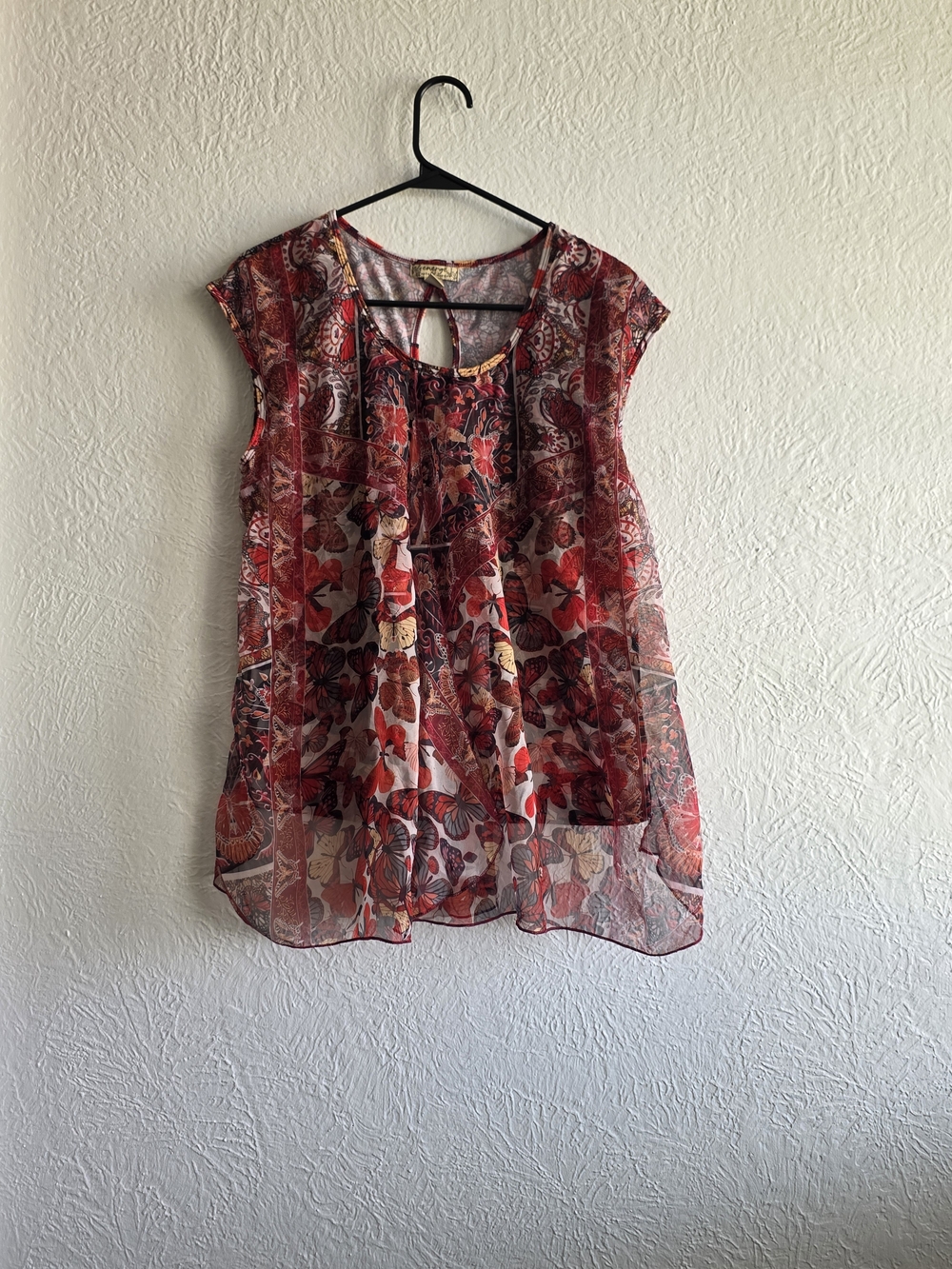 Cottagecore Boho Sheer Red Butterfly Print Cap Sleeve Blouse